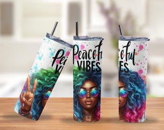 Peaceful Vibes Tumbler | Afrocentric Woman Art | Colorful 20oz Stainless Steel Travel Mug