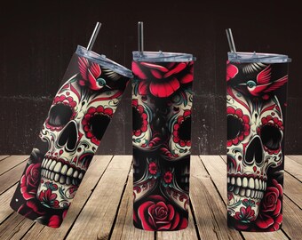 Sugar Skull 20oz Tumbler | Gothic Roses & Hummingbird Mug | Red Floral Day of the Dead Cup