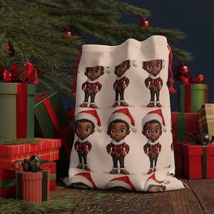 Christmas Gift Bag with Black Santa Boy | Holiday Drawstring Sack for Kids | Reusable Xmas Gift Wrap