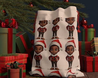 Black Santa Boy Christmas Gift Bag | Holiday Drawstring Sack