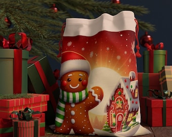 Gingerbread Man Christmas Gift Sack | Festive Holiday Drawstring Bag