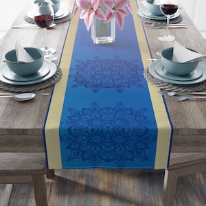 Blue and Gold Table Runner | Elegant Mandala Design for Weddings, Anniversaries, Holidays & Formal Events