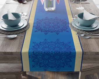 Blue and Gold Table Runner | Elegant Mandala Design for Weddings, Anniversaries, Holidays & Formal Events