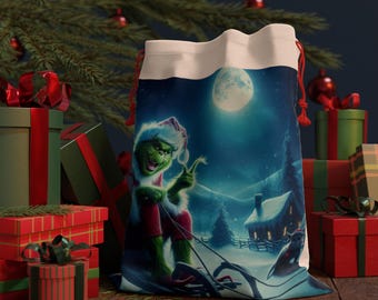 Grinch Sleigh Ride Gift Bag: Mischievous Christmas Drawstring Sack