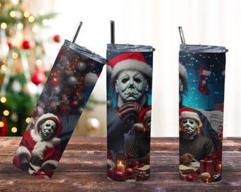 Merry Michael Christmas Tumbler | Horror Holiday Stainless Steel Cup | Scary Santa Gift