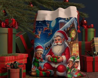 Santa's Winter Workshop Gift Bag: Christmas Drawstring Sack