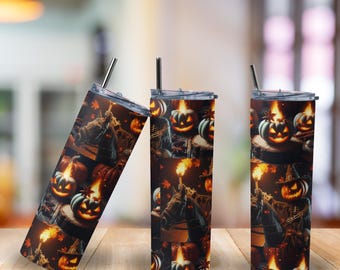 Halloween Pumpkin Tumbler | Spooky Fall 20oz Cup, Fiery Jack-o'-Lantern Horror Mug, Stainless Steel Drinkware