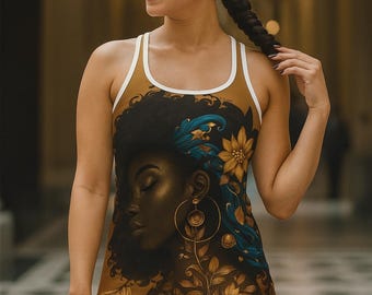 Pure Beauty Tank Top for Women | Afrocentric All-Over Print Racerback | Bold Artistic Graphic Tee