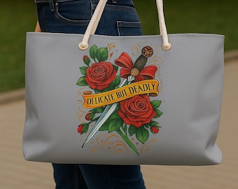 Delicate But Deadly Weekender Bag | Floral Dagger Travel Tote, Black Oversized Overnight Bag, Feminine Baddie Gift for Her