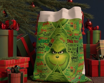 Grinch Mischief Christmas Gift Bag | Funny Holiday Drawstring Sack for Gag Gifts & Stocking Stuffers