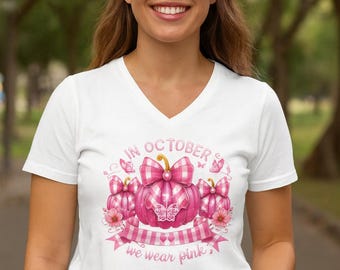 Pink Pumpkin Breast Cancer Awareness V-Neck Shirt - October Ribbon Tee
