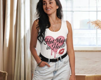 Hot Mess in Heels Tank Top: Coquette Pink Heart Graphic