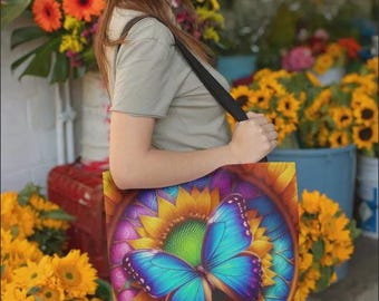 Butterfly & Sunflower Tote Bag: Vibrant Art Print, Nature Lover Gift
