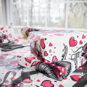 Eternal Love Skull Wrapping Paper | Pink Heart Gothic Gift Wrap, Romantic Valentine&#39;s Day & Birthday Present Paper for Her