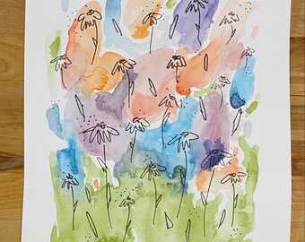 Wild Flower Daisy Watercolor Original Hand Painted Painting 9x12 | Nursery | Living Room | Blue | Green|