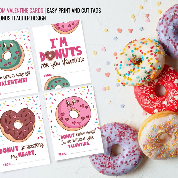 Donut Valentine Printable Tags | Classroom Valentine Cards | Print and Cut Valentine Tags