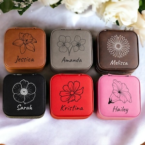 Personalized Birth Flower Jewelry Box, Custom Travel Case, Bridesmaid Gift, Birthday Gift for Her, Leather Jewelry Organizer, Christmas Gift