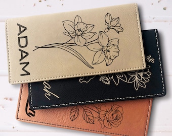 Birth Flower Checkbook Case, Personalized Checkbook Holder, Birth Month Flower Leather Checkbook, Birthday Gifts, Custom Birth Flower Gifts