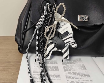 Trending Black & White Zebra Rope Bead Bow Bag Charms, 8 Ball Designer Bag Charm, Stylish Bag Charm,Y2k Pop Chunky Bag Keychain Accessories