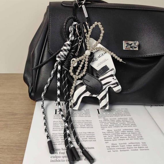 Trending Black & White Zebra Rope Bead Bow Bag Charms, 8