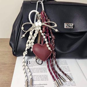 Trending Red Leather Heart Rope Pearl Bow Bag Charms, Designer Bag Charm, Bulky Stylish Bag Charm,Y2k Pop Chunky Bag Keychain Accessories