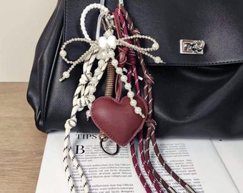 Trending Red Leather Heart Rope Pearl Bow Bag Charms, Designer Bag Charm, Bulky Stylish Bag Charm,Y2k Pop Chunky Bag Keychain Accessories