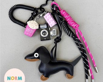 Black & Pink Dachshund Camera Sensory Bag Charms, Fidget Toy Key Charms, Y2K Bag Charm, Rope Knot Bag Charm, Puppy Dog Keychain Accessories
