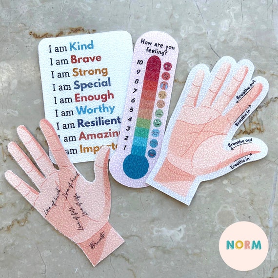 4 pc Palm Breathing, Feelings Thermometer Stickers Calm Sensory Tool Texture Self-Care Motivational Quotes Anxiety Relief Meditation Calming