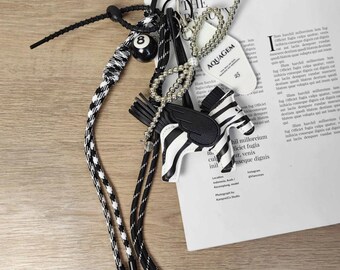 Trending Black & White Zebra Rope Bead Bow Bag Charms, 8