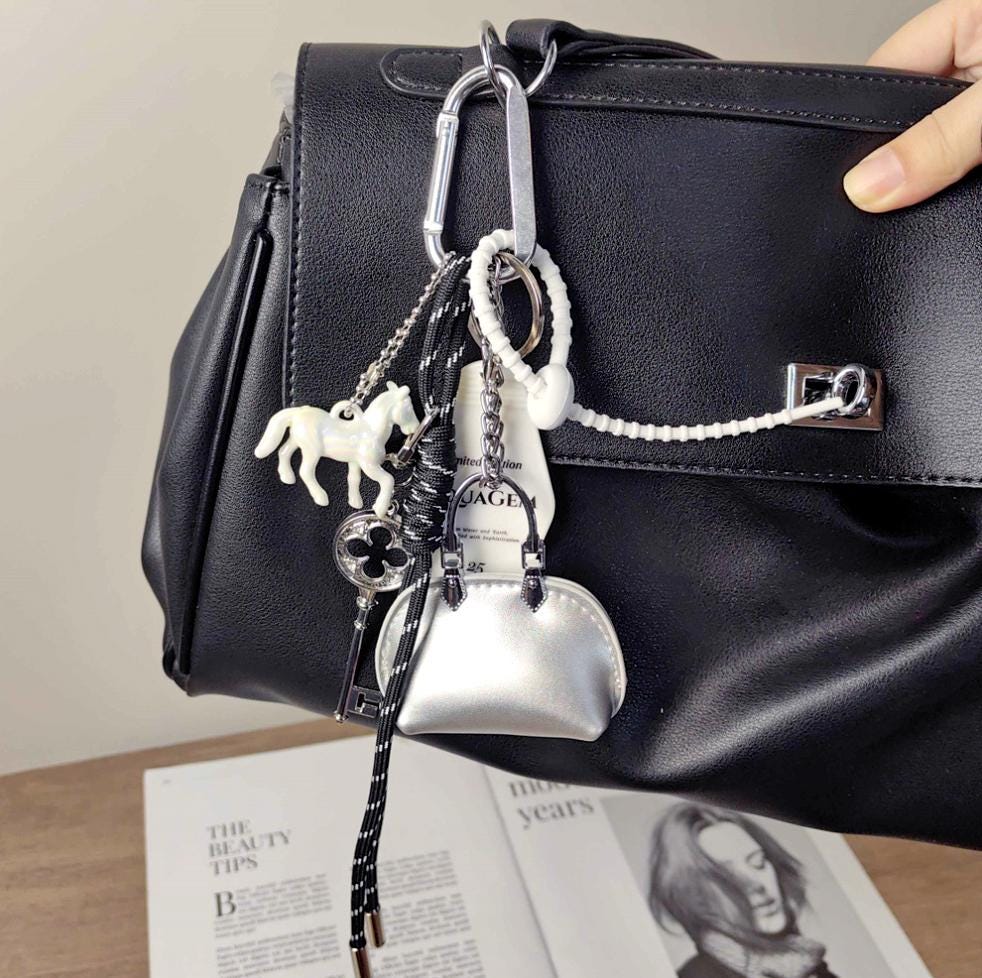 Trending Silver Leather Mini Handbag Rope Bag Charms, Horse Designer Bag Charm, Stylish Bag Charm,Y2k Pop Chunky Bag Keychain Accessories