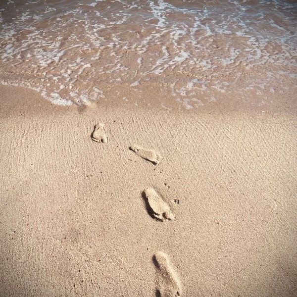 Sand prints, footprints, beach feet, beach walk, barefoot, bare feet, sand, ocean, wave