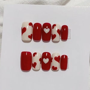 Reusable red hearts press on nails, False nails, Crystal press nails, Wedding nails, Glue nails, Handmade Nails, hand paints nail, Australia