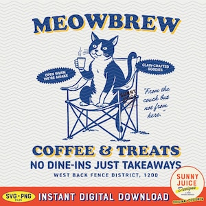 MeowBrew, SVG PNG File, Fun Trendy Vintage Cat Coffee Lover Design for Graphic Tee Shirts, Totes, Stickers, Etc. - Commercial Use