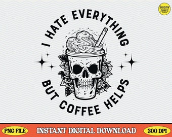 Odio todo, pero el café ayuda, Vintage Skull Iced Coffee Aesthetic PNG Clipart Design - Uso comercial