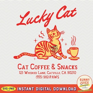 Lucky Cat Cafe, SVG PNG File, Trendy Vintage Cat Kitten Design for Graphic Tees, Totes, Stickers, Etc. - Commercial Use