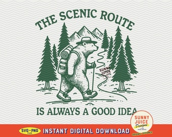 The Scenic Route Is Always A Good Idea, SVG PNG File, Trendy Vintage Outdoorsy Hiking Bear Design for Graphic Tees, Totes, Stickers, Etc.