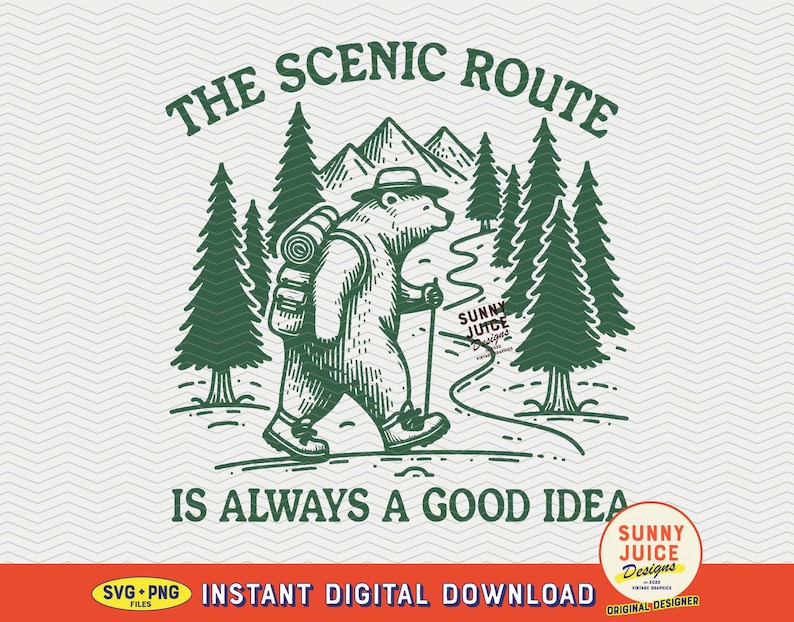 The Scenic Route Is Always A Good Idea, SVG PNG File, Trendy Vintage Outdoorsy Hiking Bear Design for Graphic Tees, Totes, Stickers, Etc. zdjęcie 1