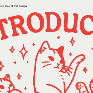 Puede incluir: Ilustraci&oacute;n roja de la palabra "INTRODUCING" con tres gatos blancos con ojos negros y bigotes. Los gatos est&aacute;n rodeados de peque&ntilde;as estrellas blancas.
