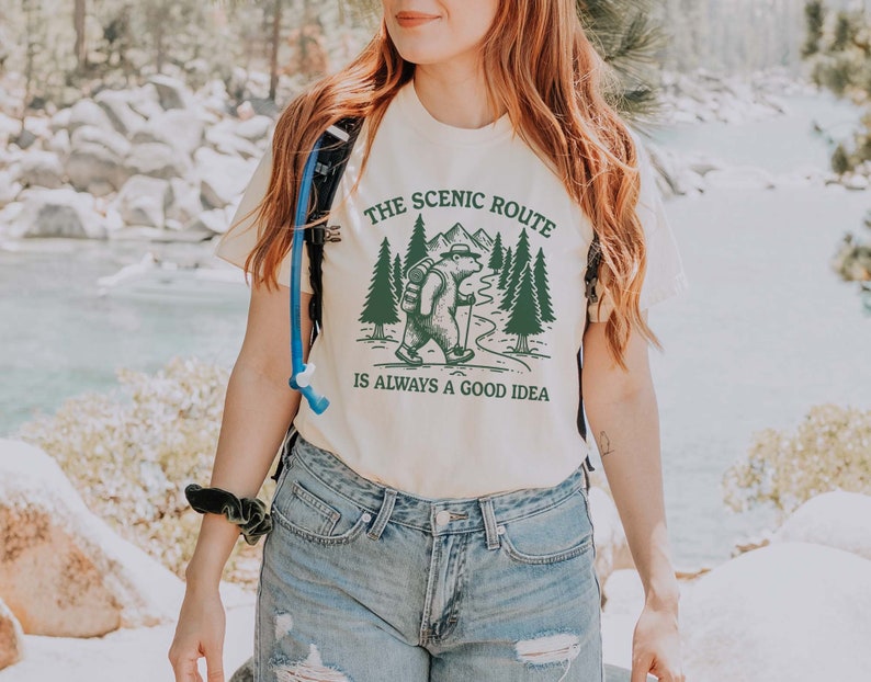 The Scenic Route Is Always A Good Idea, SVG PNG File, Trendy Vintage Outdoorsy Hiking Bear Design for Graphic Tees, Totes, Stickers, Etc. zdjęcie 3