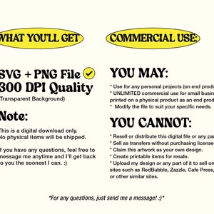 May include: A yellow and black graphic with the text "What You'll Get" and "Commercial Use" in a circle. The graphic lists the details of a digital download, including a SVG and PNG file, 300 DPI quality, and a transparent background. The graphic also lists the commercial use terms for the digital download.