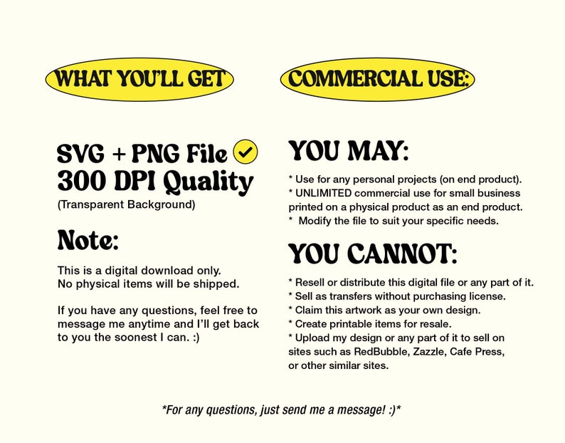 May include: A yellow and black graphic with the text "What You'll Get" and "Commercial Use" in a circle. The graphic lists the details of a digital download, including a SVG and PNG file, 300 DPI quality, and a transparent background. The graphic also lists the commercial use terms for the digital download.