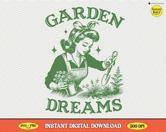 Garden Dreams SVG, Retro Woman Gardening Design (Digital Download)