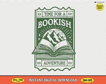 Bookish Adventure Design, Retro Graphic Tee, SVG PNG (Digital Download)