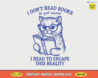 Bookish Cat Art Design, Funny Book Lover SVG PNG (Digital Download)