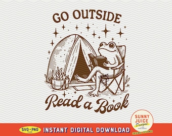 Frog Reading Camping SVG, PNG, Bookish Retro Design (Digital Download)