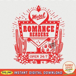 Romance Readers Motel, SVG PNG-fil, trendig vintage boklig retrokonstdesign för grafiska t-shirts, tygväskor, klistermärken, nyckelringar etc.