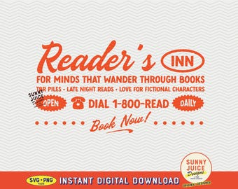 Vintage Style Reader's Inn Sign SVG PNG File - Trendy Bookish Retro Art for Shirts, Tote Bags, Stickers etc. Commercial Use Design Download