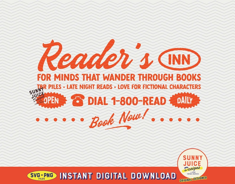 A typography design that says "Reader's Inn" with a quirky vintage, retro look. Perfect for creating bookish tees, tote bags, stickers, and more. Ideal for commercial use on merchandise.