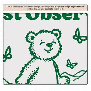 May include: Green and white illustration of a smiling bear with a rough, textured edge. The bear is surrounded by butterflies and the text "SLO" is visible at the top of the image.