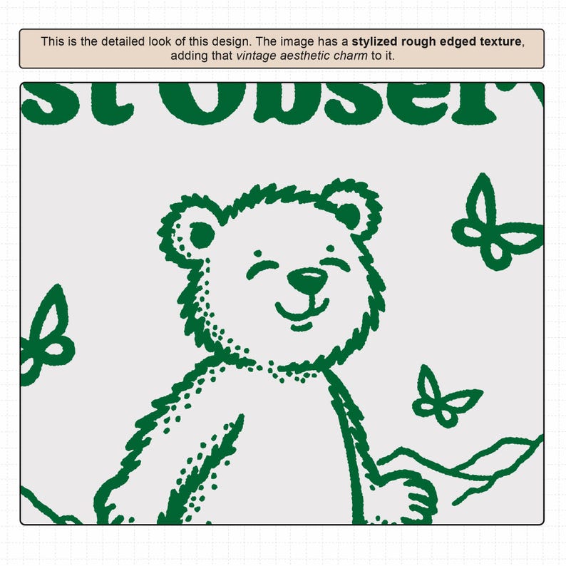 May include: Green and white illustration of a smiling bear with a rough, textured edge. The bear is surrounded by butterflies and the text "SLO" is visible at the top of the image.